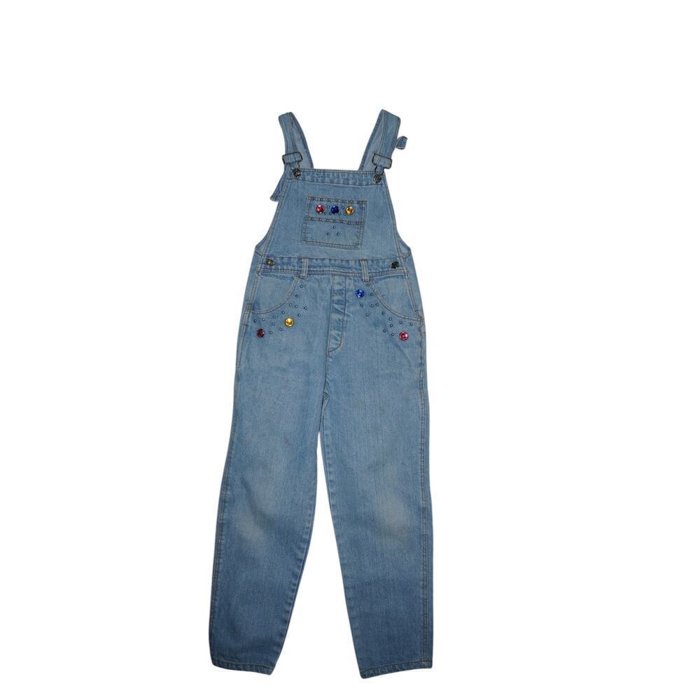 Vintage Y2K Rhinestone Denim Overalls Girls 12 Bedazzled Wide Leg 90s